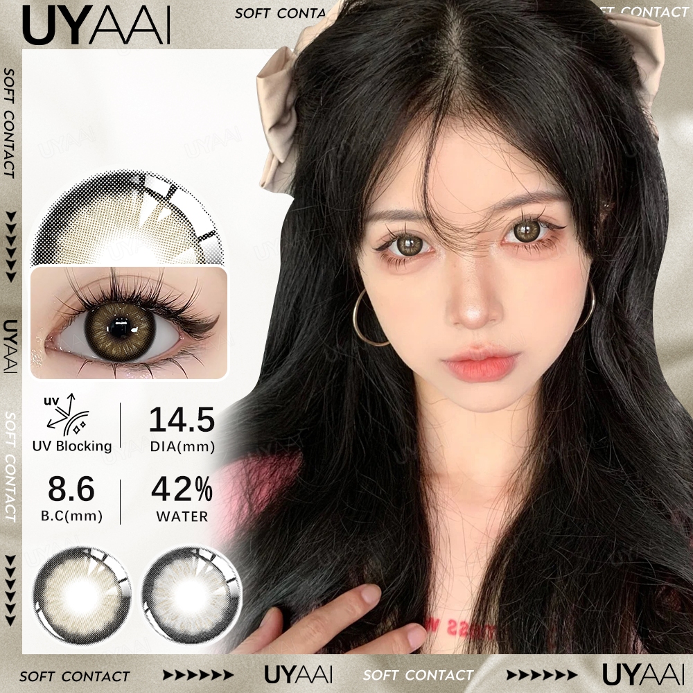 UYAAI คอนแทคเลนส์ 2 ชิ้นต่อคู่ สัมผัสด้วยสีธรรมชาติ สามารถใช้สำหรับ แต่งหน้าตา 14.5 มม. น้ำตาล สีเทา