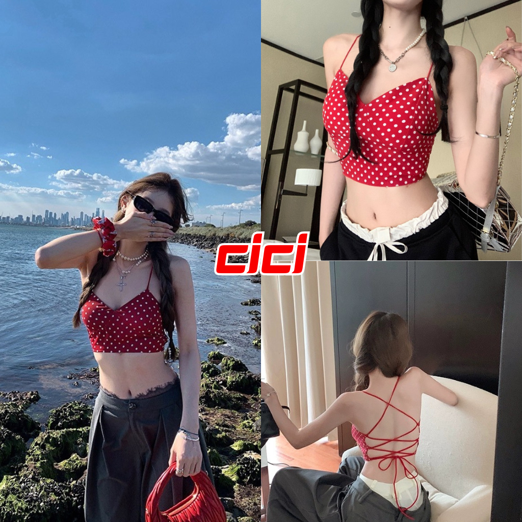 ส่งทันที Cici (NO. J1155)เสื้อสายเดี่ยวครอปท็อป ลายจุดเล็กๆ สายไขว้โชว์หลัง เซ็กซี่  มีฟองน้ำ
