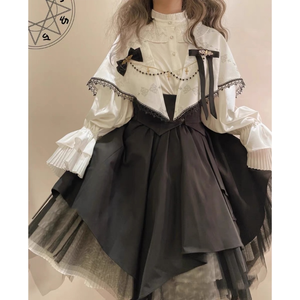 สไตล์ญี่ปุ่นวิคตอเรียโกธิค Lolita ผู้หญิงกระโปรงสองชิ้นวินเทจโคมไฟแขนเสื้อออร์แกนถังขนาดเล็กลูกไม้ขึ้นจีบกระโปรง