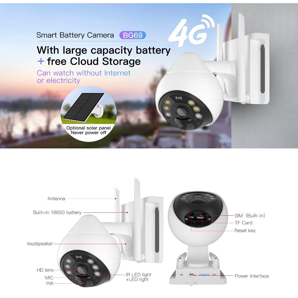 VSTARCAM BG69 4G SIM / CB69 WiFi FULL HD 1080p 2MP + Ai กล้องวงจรปิดใส่ซิม แผงโซล่าเซลล์ + แบตเตอรี่