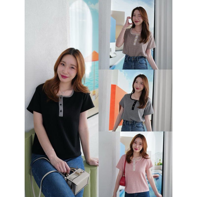 เสื้อคอเหลี่ยม ตัดขอบกุ้นสี/มีกระดุม