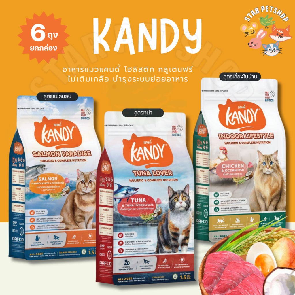 {แถมเปียกKandy1โหล} ยกกล่อง6ถุง Kandyแคนดี้ อาหารแมวโฮลิสติก สำหรับแมวทุกช่วงวัย ไม่มีผลพลอยได้จากสัตว์ปีก ขนาด 1.5 Kg