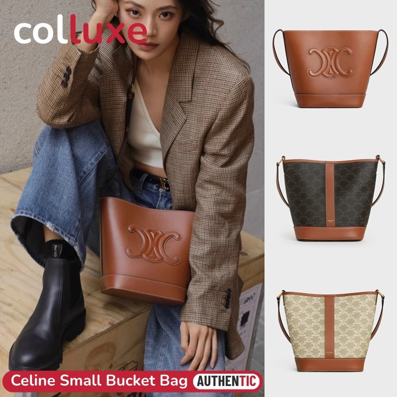 👜เซลีน CELINE Small Bucket Bag 22cm ถุงถัง กระเป๋าสะพายสตรี cowhide