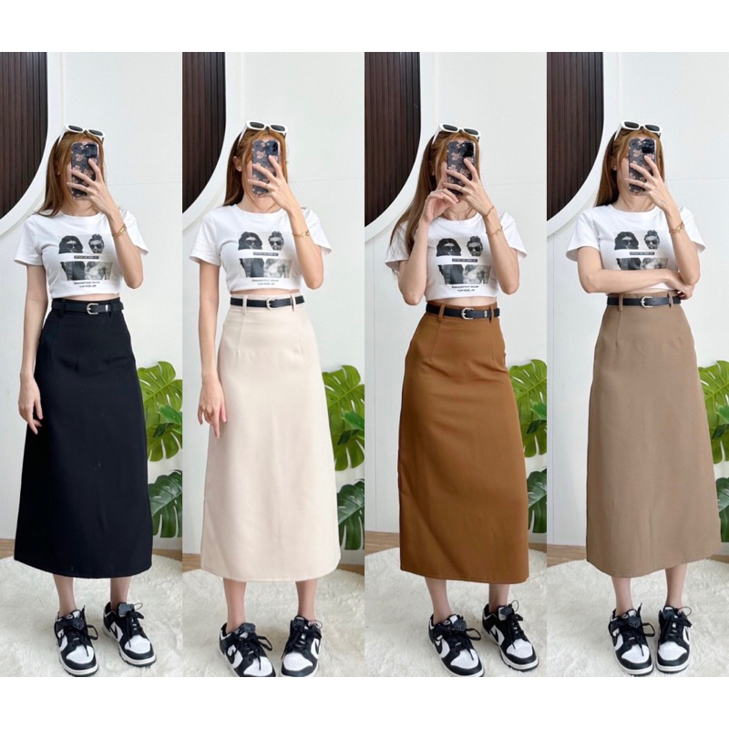 🌷กระโปรงผ่าหลังมีหูเข็มขัด  ผ้าบาร์บี้เปเป้ ใส่สบาย มีไซส์XS-XL สาวอวบใส่ได้