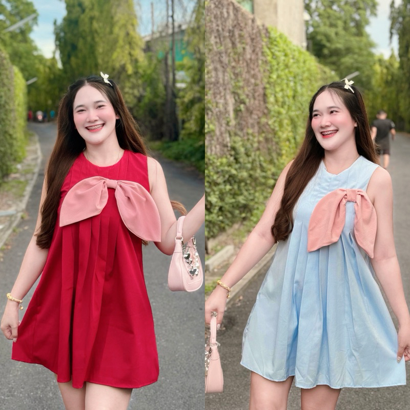 MiniDress แขนเว้า( โบว์ใหญ่ - เฉียง ) ลายดอก