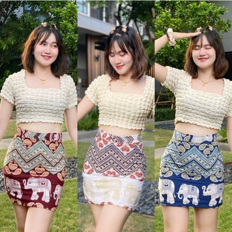 กระโปรงทรงเอลายช้าง มีกางเกงซับใน ผ้าไหมอิตาลี *ผ้าบางใส่สบาย