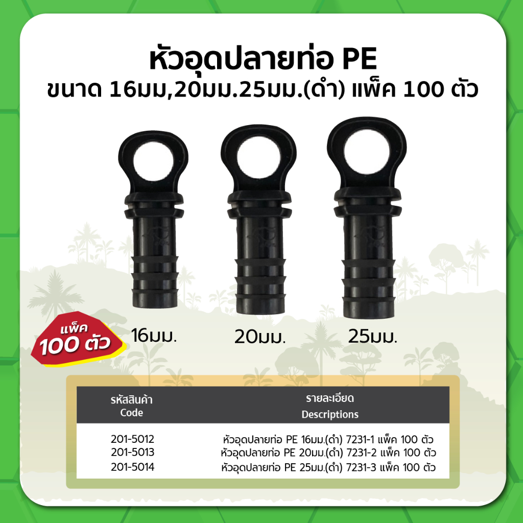 หัวอุดปลายท่อ PE ขนาด 16มม. 20มม. 25มม. (ดำ) (แพ็ค100)