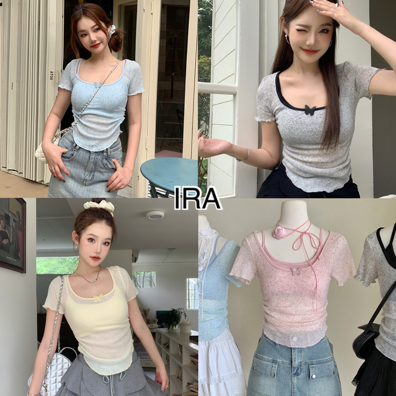 BY IRA พร้อมส่ง ( 1133 )Aggie top เสื้อยืดครอปไหมพรม แขนสั้น คอกลม ดีเทลซรีทรูบางๆ ใส่สบาย