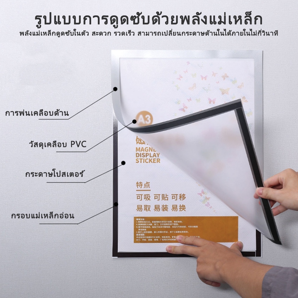[พร้อมส่ง] ป้ายติดผนัง ซองใส่เอกสาร ขอบเป็นแม่เหล็ก ขนาด A3 A4 A5 และ A6 แบบมีเทปกาว กรอบป้ายติดผนัง ราคาถูก ราคา/ชิ้น - รูปที่ 3