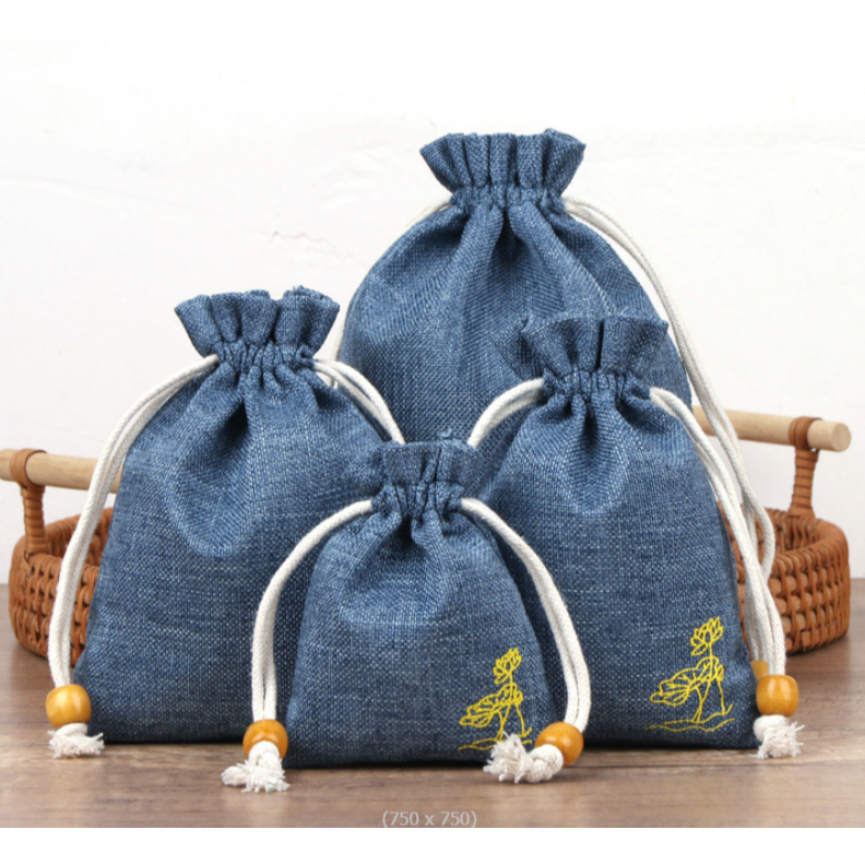 ถุงผ้า ถุงหูรูด หลากสี ถุงผ้าลินิน พิมพ์ลาย ใส่เหรียญ (สินค้าพร้อมส่ง)