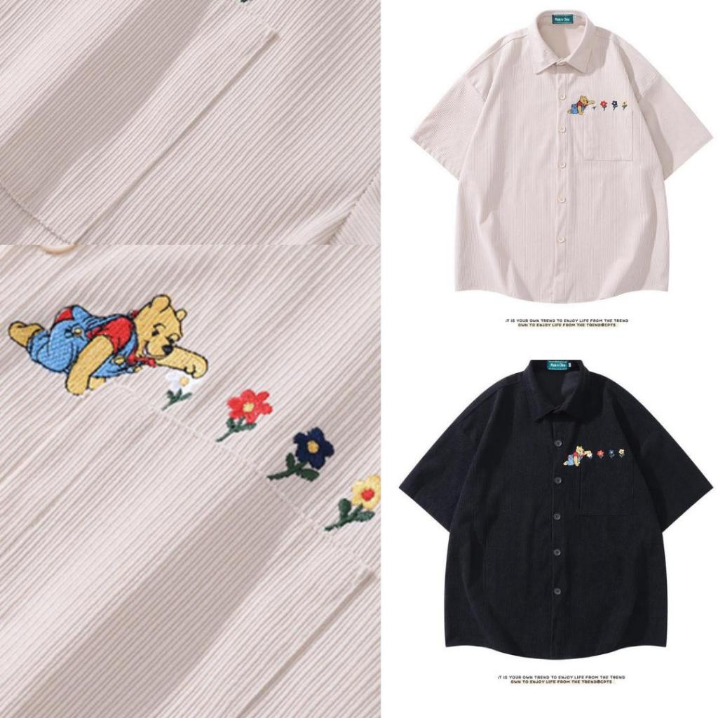 StylePop เสื้อเชิ๊ตแขนสั้น เสื้อเชิ๊ตผู้ชาย งานปัก ลายหมี Premium MINI POOH