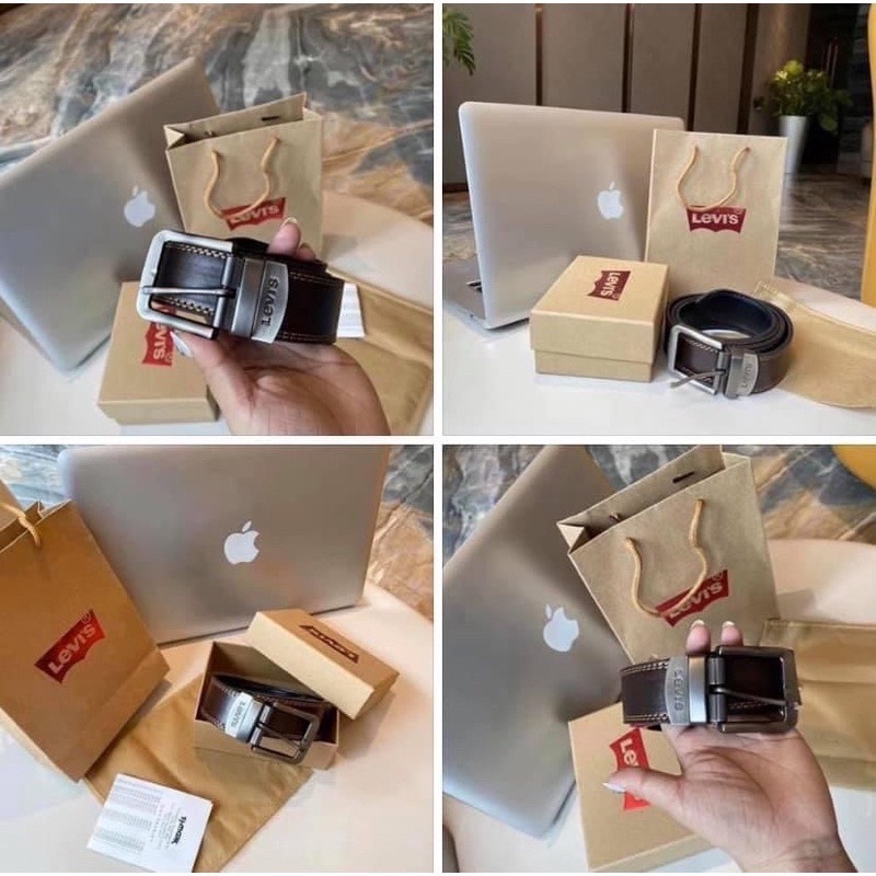 ลีวายส์ levis เข็มขัดแบบสบาย ๆ เข็มขัดหนังย้อนยุคแบบหัวเข็มขัดแบบหมุนได้สองด้าน