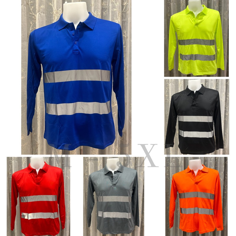 (พร้อมส่ง) เสื้อคอปกมีแถบสะท้อนแสงแขนยาว เนื้อผ้ากีฬา สวมใส่สบายไม่ร้อน (M - 5XL)