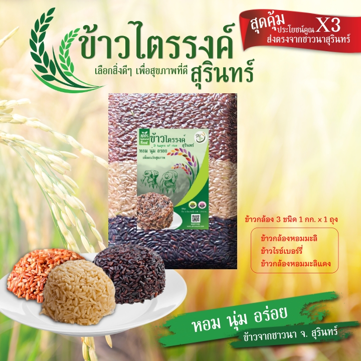 ข้าวไตรรงค์ 3 สี แบ่งชั้น ขนาด 1 กิโลกรัม ข้าวสุรินทร์ปลอดสาร
