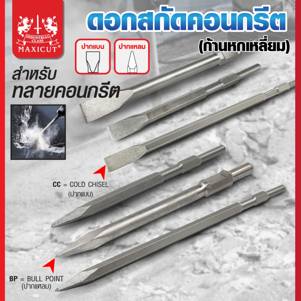 ดอกสกัดคอนกรีต ปากแหลมและปากแบน MAXICUT ดอกแย็กเจาะปูน มีความแข็งแรง ทนทาน