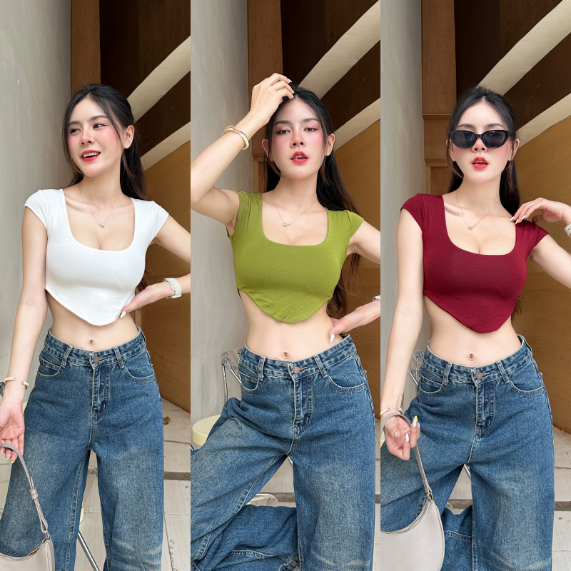 เสื้อครอปแขนเว้า ทรงคอเหลี่ยม ผ้าเรย่อน 2 ชั้น ช่วงชายเสื้อแต่งเว้า เซ็กซี่ม้ากใส่แมตช์ลุคง่าย รุ่น มิโซะ