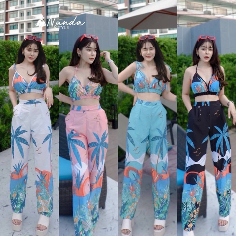 ชุดเซททะเล ผ้านิ่มมากกก เสื้อครอประบายและกางเกงยาว