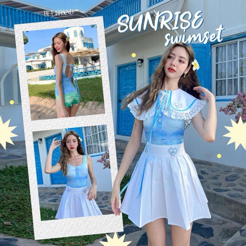 BLT Size XL มือ 1 พร้อมส่ง!!! B480 BLT BRAND ชุดว่ายน้ำลายน้ำทะเล กระโปรงพลีท หมวกบักเก็ต ชุดเที่ยวท