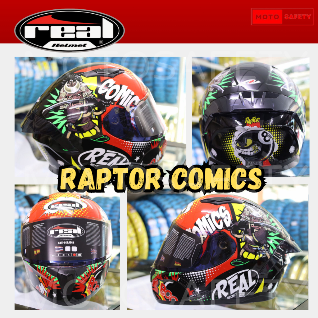 [SALE] [มีตำหนิ] หมวกกันน็อค Real รุ่น Raptor ลาย Comics พร้อมสปอยเลอร์สุดเท่