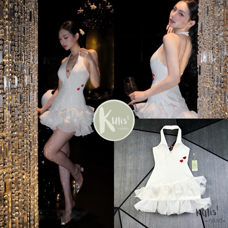 M12 งานป้าย Kulist Dress เดรสสั้นสีขาวคล้องคอชายแต่งระบายเฉียง สำหรับผู้หญิง เสื้อผ้าแฟชั่นผู้หญิง ไซส์ Xs-L