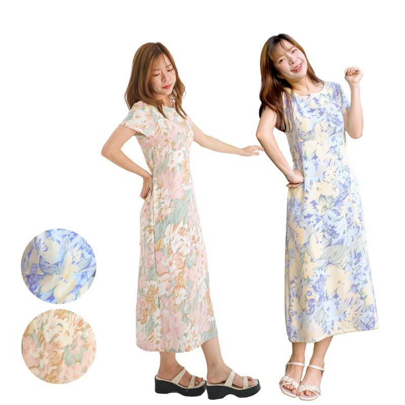 พร้อมส่ง1-2วันถึง common dress เดรสดอกไม้ ชุดทำงาน แขนสั้น ลายดอกไม้