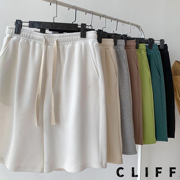 CLIFF กางเกงขาสั้นกีฬาลำลองผู้ชายวาฟเฟิลผ้าหลวมขากว้างกางเกงห้าส่วน