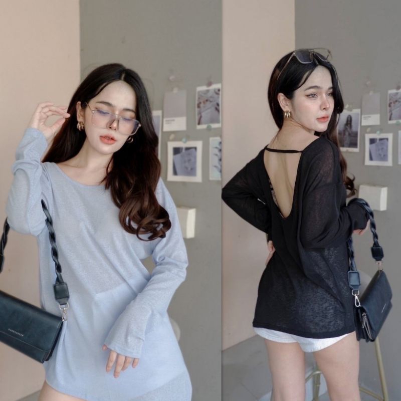 เสื้อแขนยาวผ้าสลาฟเว้าหลังผ่าข้างทรงเก๋ๆผ้าเบาไม่ร้อน