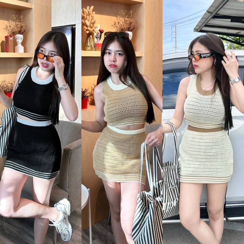 ชุดเซ็ตแพ็คคู่ เสื้อกล้ามแขนกุด + กระโปรงสั้น 😹 ผ้าไหมพรมถักทอ ทรงน่ารัก ผ้ายืดตามตัว รุ่น โตโยต้า