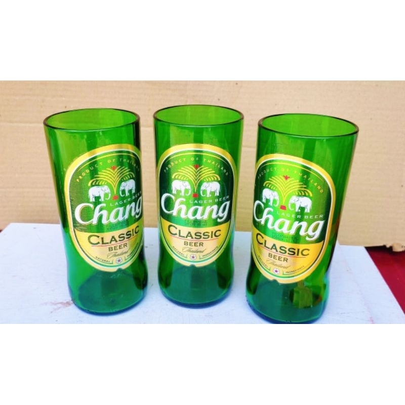 แก้วตัดจากขวด Chang ช้าง ลบคมขัดเงาแบบละเอียด ติดสติ๊กเกอร์กันน้ำให้เรียบร้อย งานDIY (ราคาต่อ 1ใบ) ยาว 16.5 cm กว้าง 7cm ราคา ถูกที่สุด ดีลบีเคเค