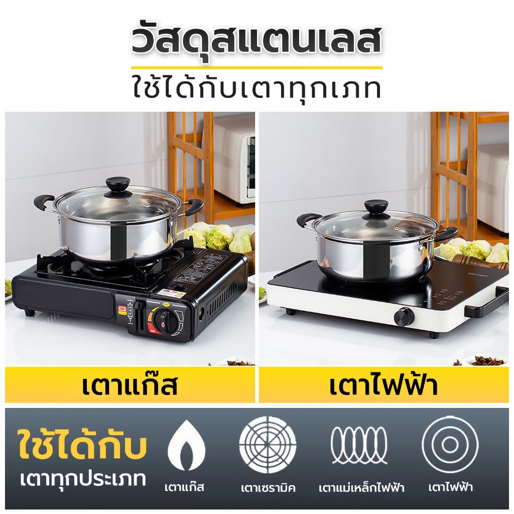 หม้อสแตนเลส เซ็ต5ชิ้น 5ขนาด 16/18/20/22/24 cm พร้อมฝาแก้ว หม้อทำอาหาร หม้อหุงต้ม หม้อแกง - รูปที่ 2