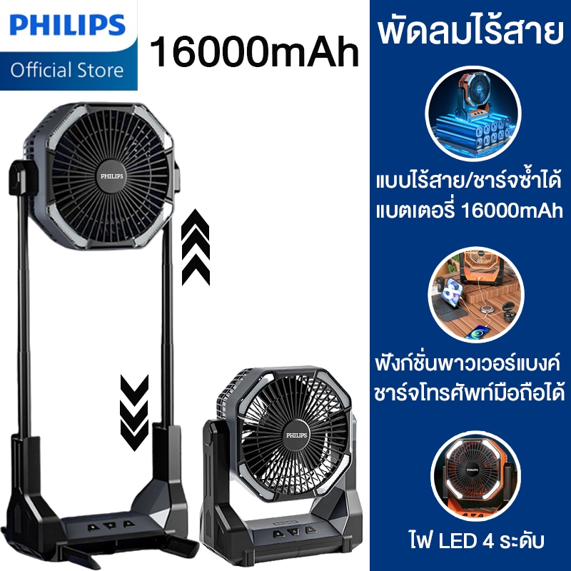 พัดลมตั้งโต๊ะไร้สาย พัดลมไร้สาย พัดลมแคมป์ 16000mAh ใช้ยาวนาน 30 ชม ลมแรงมาก มีไฟและตะขอ ปรับความสูงได้ พัดลมตั้งโต๊ะ