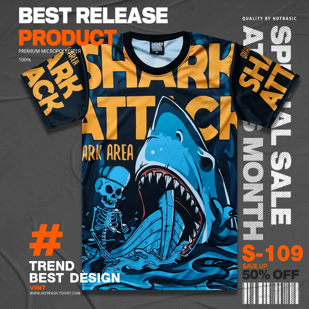 Hot Basic เสื้อยืด ลายฉลามกัดเรือ Shark | สตรีท | พิมพ์ลายเต็มตัว | S109