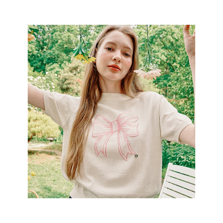 Ronron Line Ribbon Short Sleeve Knit (Cream Pink, White Black, Black)