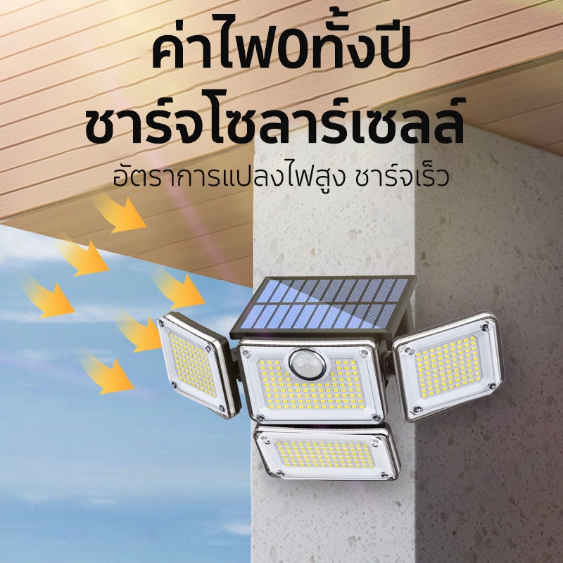 โคมไฟติดผนังกลางแจ้ง ไลท์ พลังงานแสงอาทิตย์ LED ไฟเปิดอัตโนมัติ เซ็นเซอร์ตรวจจับการเคลื่อนไหว ไฟกลางแจ้ง ไฟถนนโซล่าเซลล์