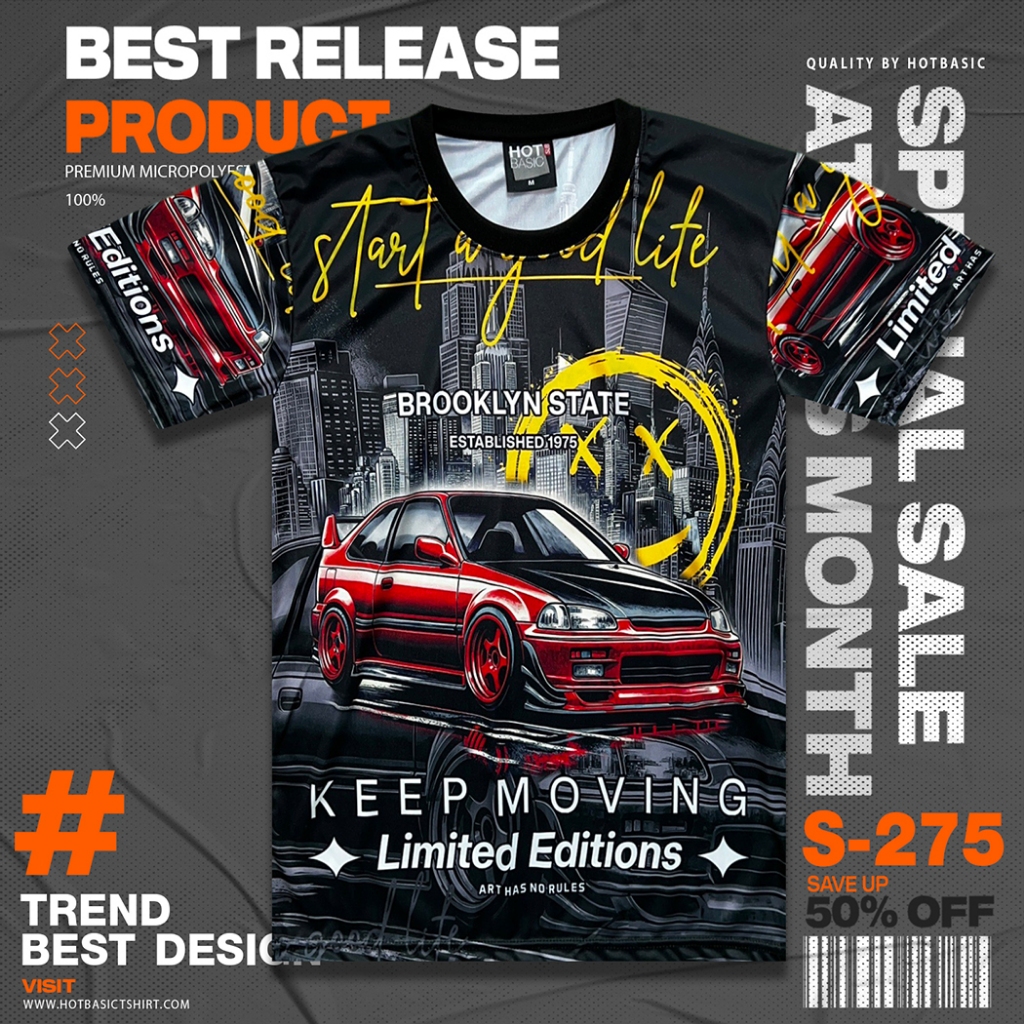 Hot Basic เสื้อยืดรถซิ่ง ลายรถสตรีทไลฟ์ Civic | สตรีท | พิมพ์ลายเต็มตัว | S275