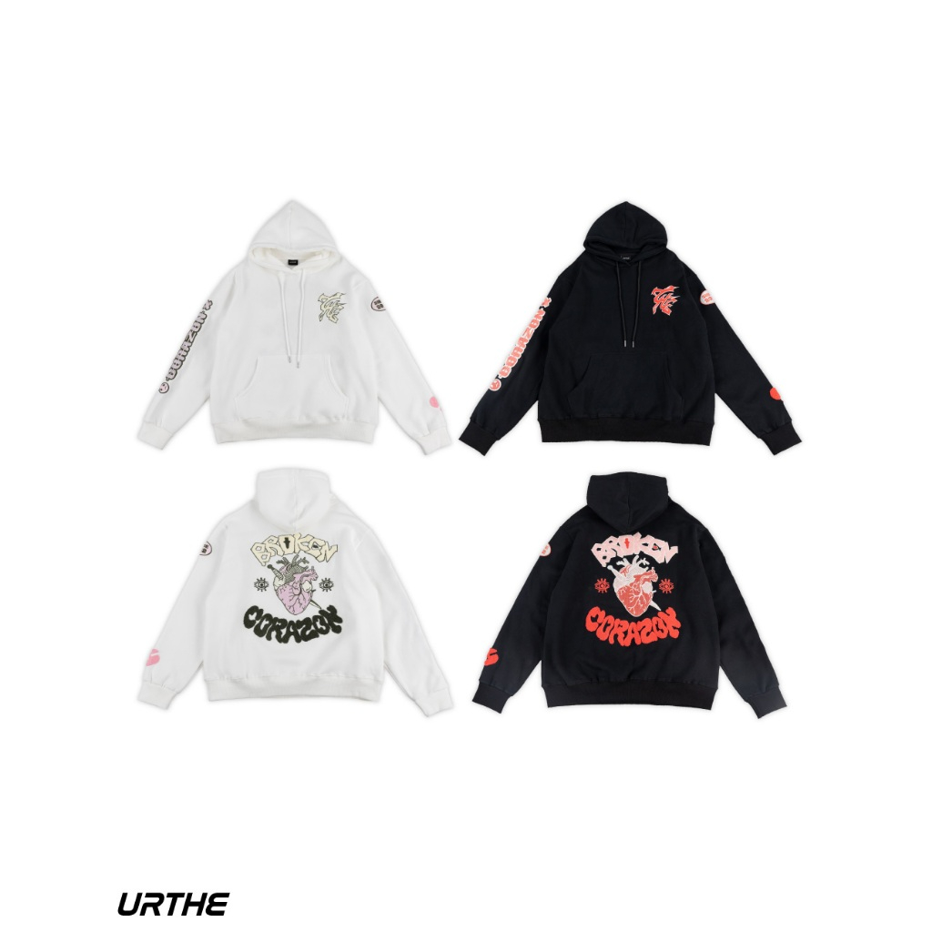 URTHE - เสื้อฮู้ด Oversized แขนยาว ปักลาย รุ่น  BROKEN CORAZON HOODIE