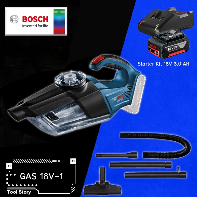 BOSCH GAS 18V-1 Kit เครื่องดูดฝุ่นไร้สาย แถมแบตที่ชาร์ทพร้อมอุปกรณ์ดูดฝุ่น