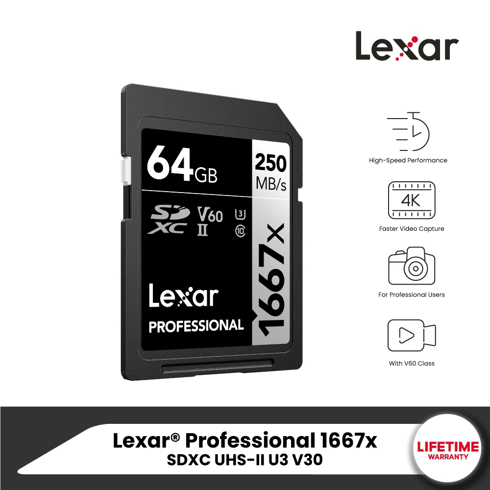 Lexar SD1667x 64GB UHS-II U3 V60 SD Card (เอสดีการ์ด) Full-HD 3D 4K RW250/120MB/s (LSD64GCB1667) เมม