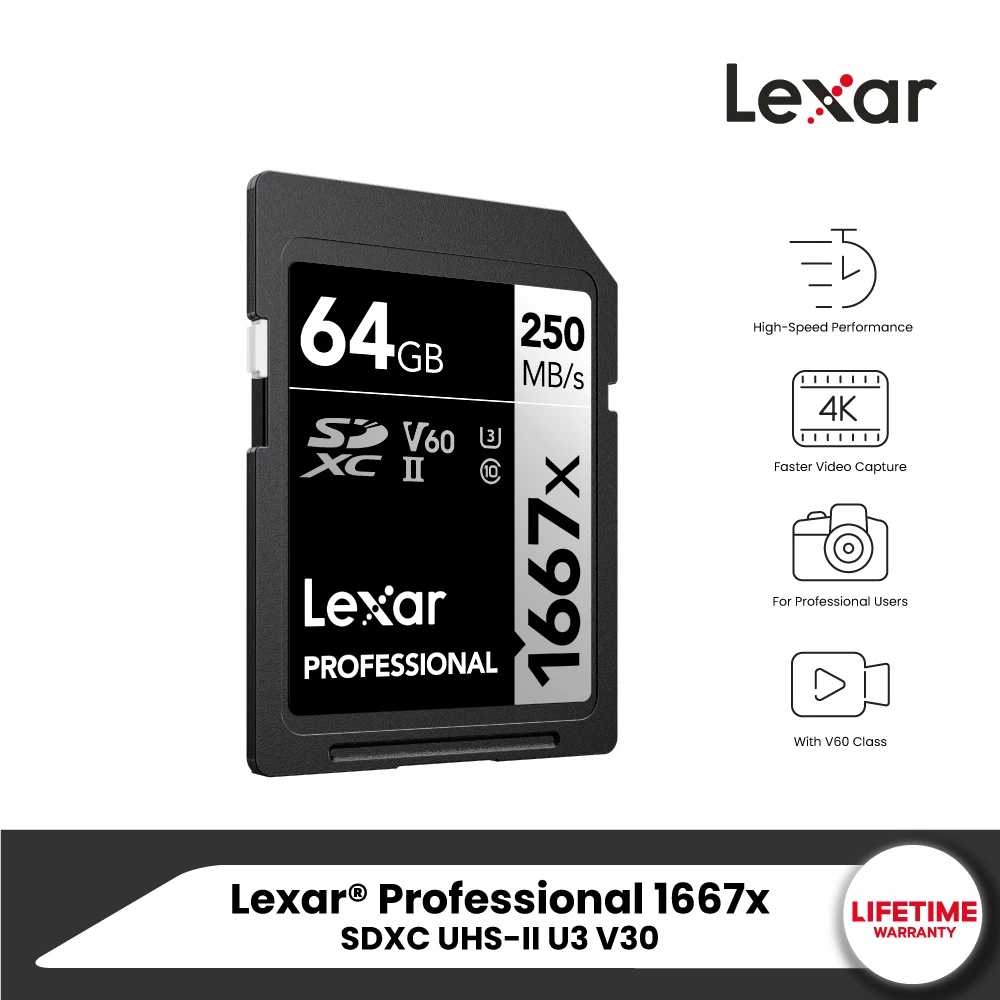Lexar SD1667x 64GB UHS-II U3 V60 SD Card (เอสดีการ์ด) Full-HD 3D 4K RW250/120MB/s (LSD64GCB1667) เมมโมรี่การ์ด