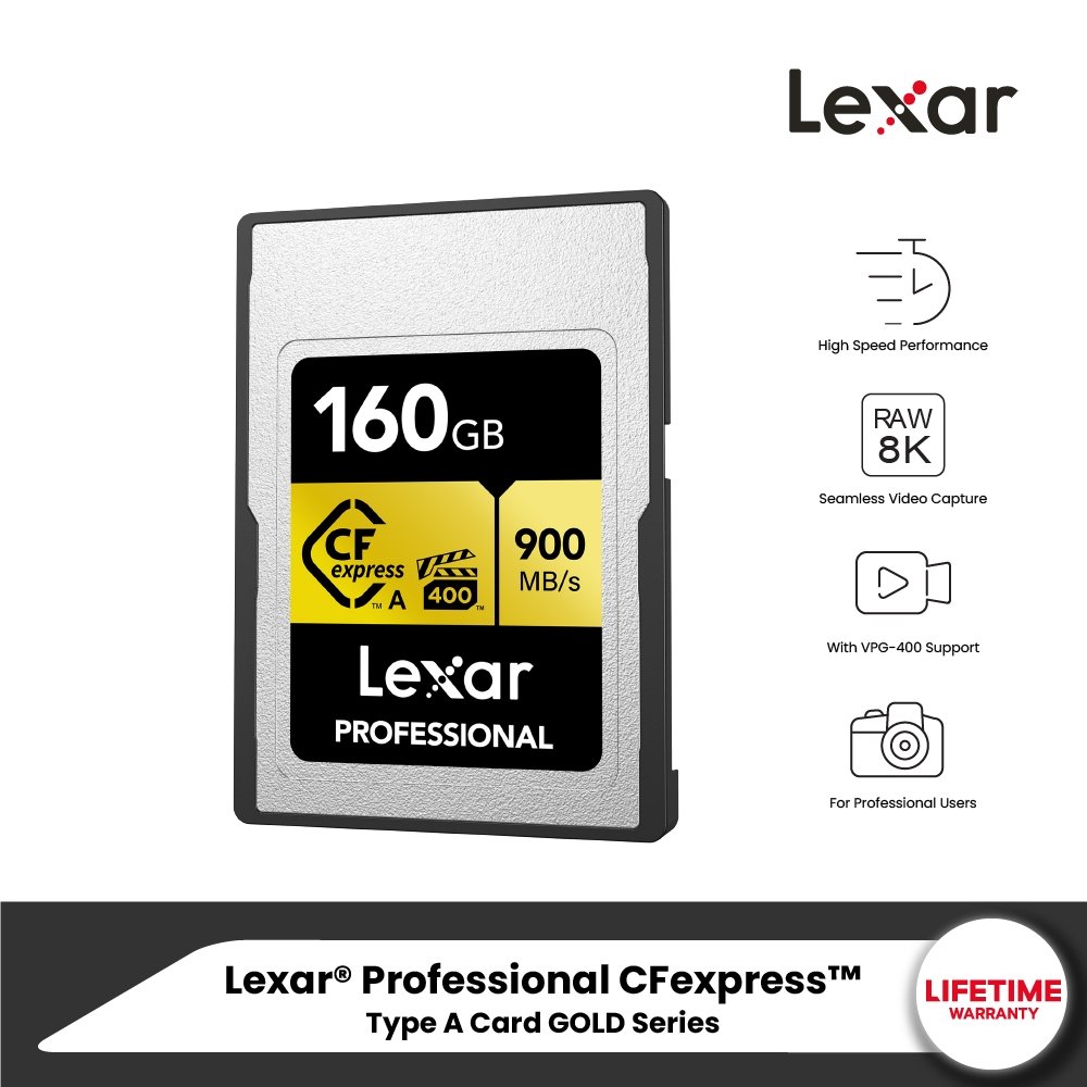 Lexar CFexpress Type A 160GB (ซีเอฟเอ็กเพรสการ์ด) VPG400 RAW 8K RW900/800MB/s (LCAGOLD160G) for Sony