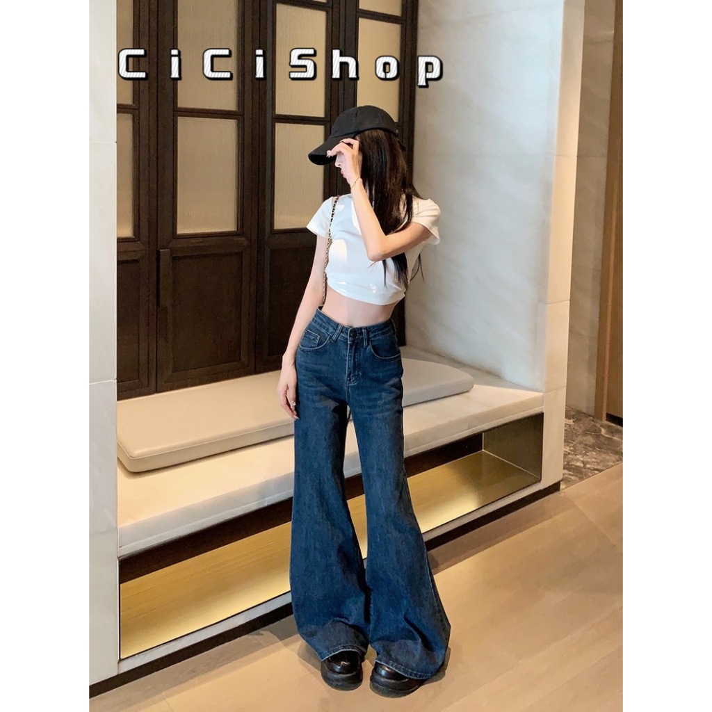 Cicishop(717)กางเกงยีนส์ยาวขาม้า ผ้ายีนส์ยืดเข้ารูป ทรงสวย สียีนส์เข้มฟอก ใส่แบบคนเท่