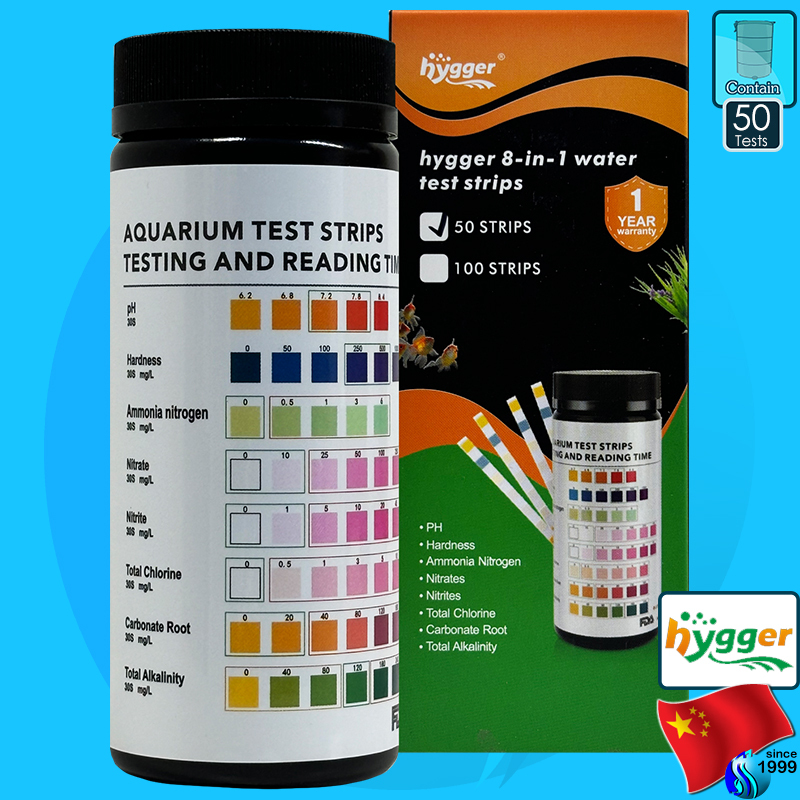 Hygger Tester Strips HG-006 8in1 50 tests pH KH GH NH3 No2 No3 Cl TCl กรด ด่าง แอมโมเนีย ไนไตรต์ ไนเ