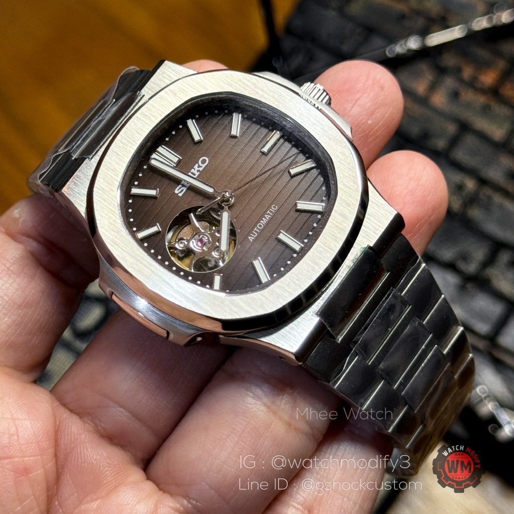 Seikomod นอติลุส Brown Sunburst Open Heart Dial 39mm Steel Blacelet