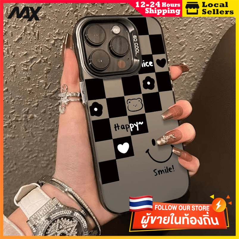 สีดำหรูหราซิลิโคนแข็งกรณีโทรศัพท์ ใบหน้ายิ้ม for IPhone 13 12 7Plus 14 15 11 Pro MAX 8 6 7 6S Plus X XR XS