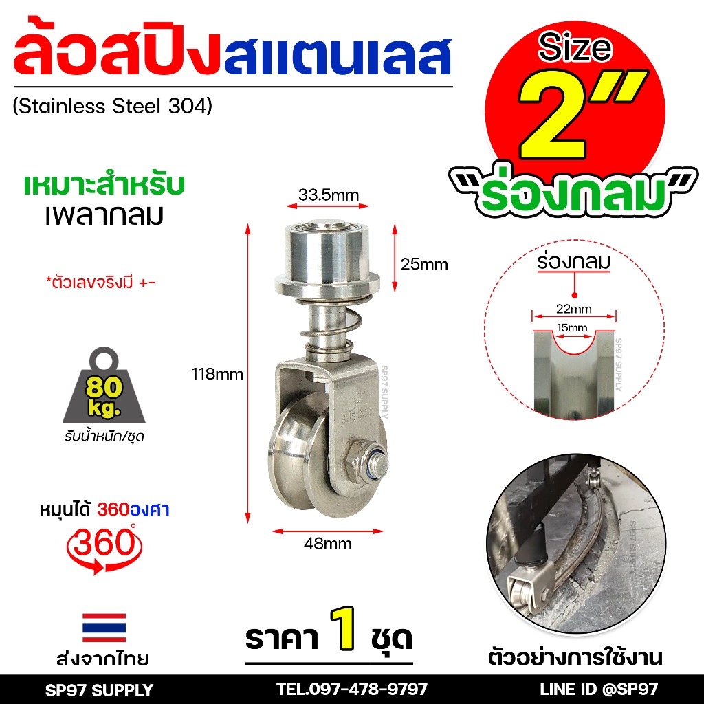 ล้อสแตนเลส ล้อสปริง ล้อหมุน 360องศา ขนาด 2 นิ้ว ร่องกลม / ร่อง U (ราคา 1 ลูก) เหมาะกับเพลาขนาด 9-14 มิล