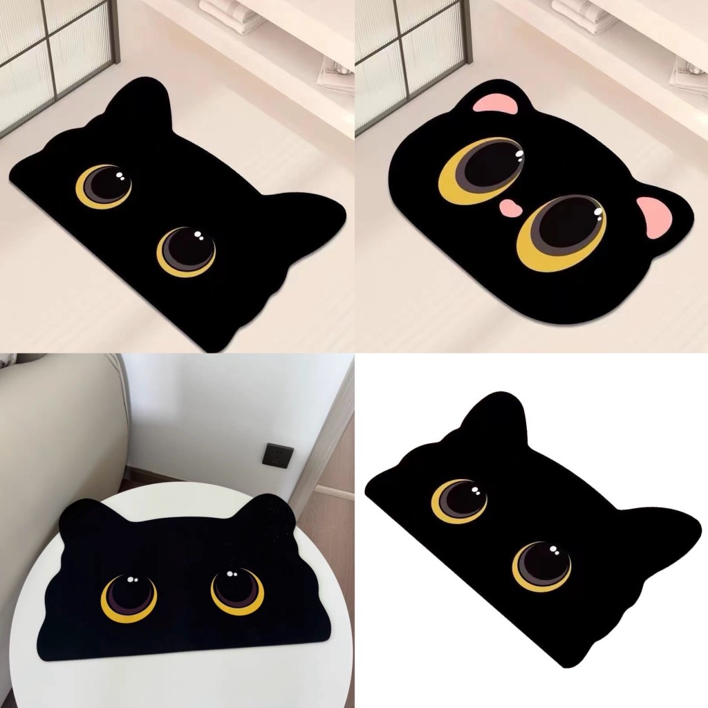 พร้อมส่ง🐈‍⬛พรมแห้งไว พรมกันลื่นหน้าน้องแมวดำ พรมห้องน้ำ cat face rug พรม black cat anti slippery matt พรมยาง 44126