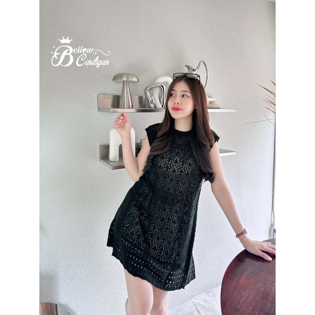 WARIS เสื้อคอกลมแขนกุด ใส่ได้2ด้าน หน้า+หลัง เนื้อผ้านุ่มไหมพรมทอแต่งลายลายสลับลายฉลุ