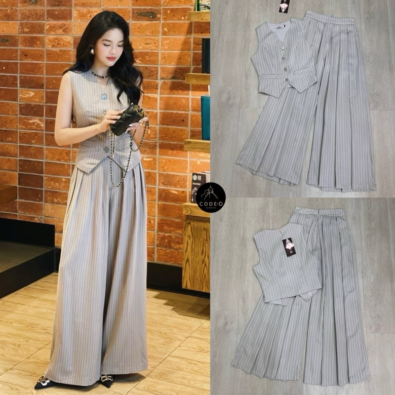 CODE-D CLOSETS : Set 2 ชิ้นเนื้อผ้าสีเทาลายทาง เสื้อกั๊กตัวยาวทรงพอดีตัว มาพร้อมกับกางเกงขายาวทรงกระ