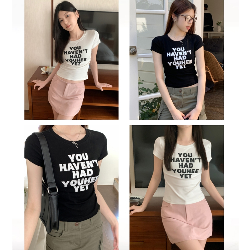 MC168 เสื้อครอป เสื้อy2k คอกลม แขนสั้น พิมพ์ลาย สไตล์เกาหลี