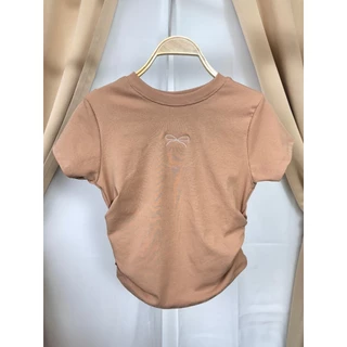 🌈SpinnyHouse🌈เสื้อครอปแต่งย่นข้าง ปักโบว์ช่วงอก BABY TEE 😻 ผ้ายูนิโคล่ยืดตามตัว รุ่น ตาแป๋ว B-010-3-A